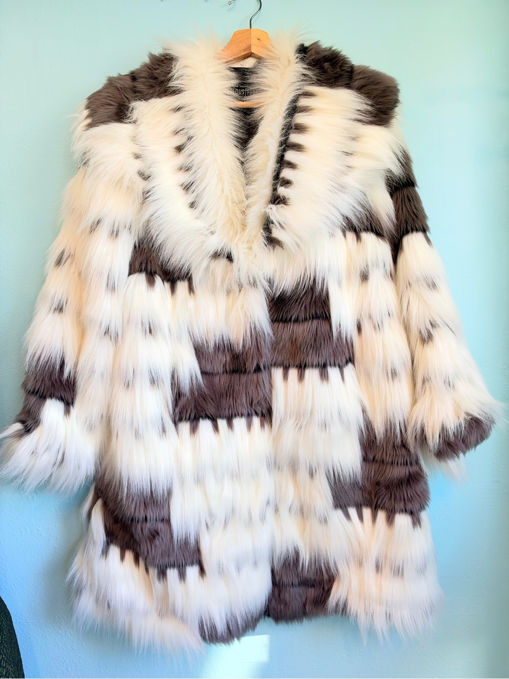 Two-Tone Cream & Brown Faux Fur Teddy Coat - Women's Plush Jacket